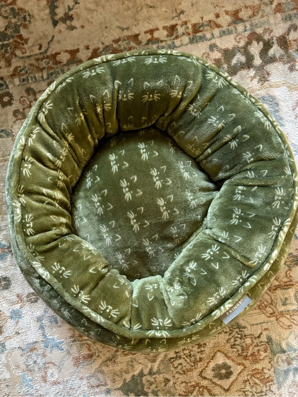 Fringe Studio Olive Green Plush Round Pet Bed with Subtle Cream Print